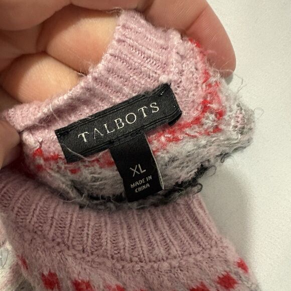 Talbots Icicle Fair Isle Sweater Cream Pink Bow Back Sequin Size XL Winter - Picture 9 of 11